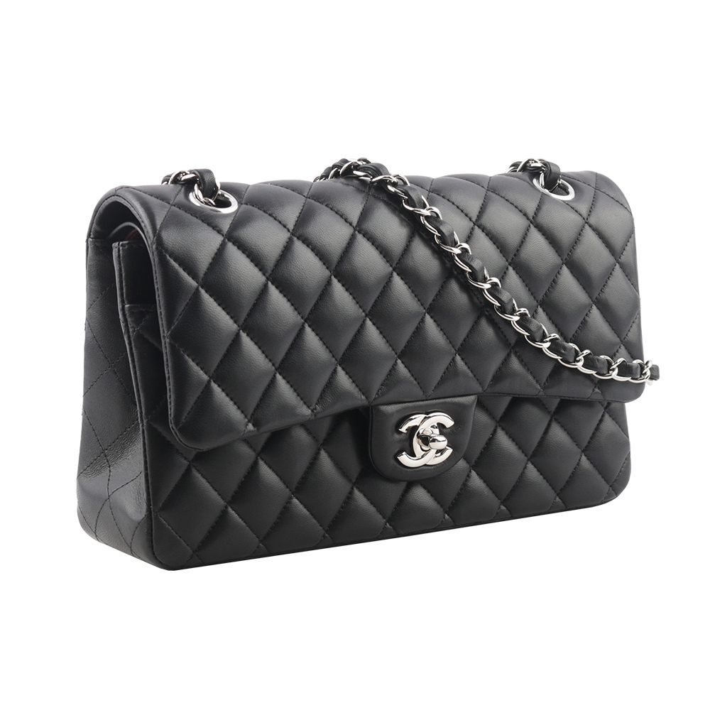 【CHANEL】銀釦菱格紋小羊皮 25cm COCO包(黑色) A01112 Y01480 94305
