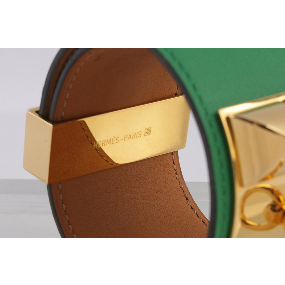 【HERMES】EVERCOLOR皮 鉚釘金釦CDC手環 (S)(綠色) HE44000067