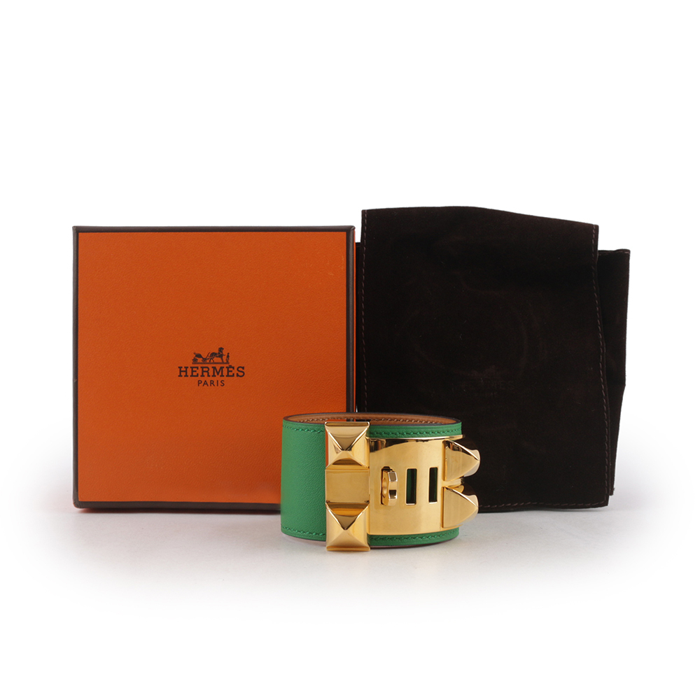 【HERMES】EVERCOLOR皮 鉚釘金釦CDC手環 (S)(綠色) HE44000067