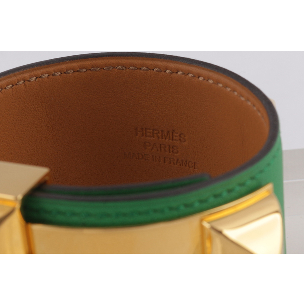 【HERMES】EVERCOLOR皮 鉚釘金釦CDC手環 (S)(綠色) HE44000067