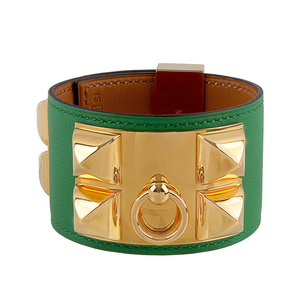 【HERMES】EVERCOLOR皮 鉚釘金釦CDC手環 (S)(綠色) HE44000067