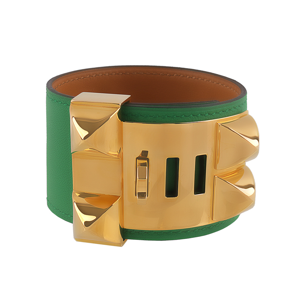【HERMES】EVERCOLOR皮 鉚釘金釦CDC手環 (S)(綠色) HE44000067