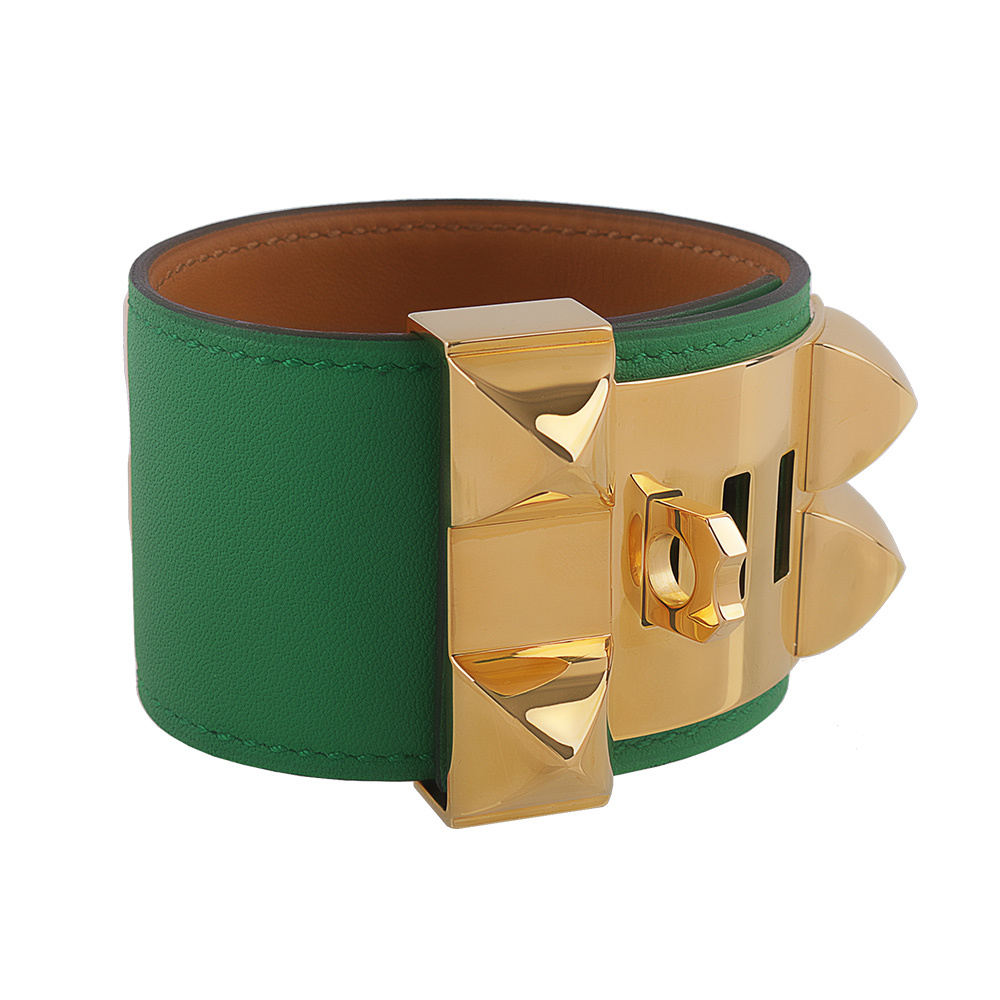 【HERMES】EVERCOLOR皮 鉚釘金釦CDC手環 (S)(綠色) HE44000067