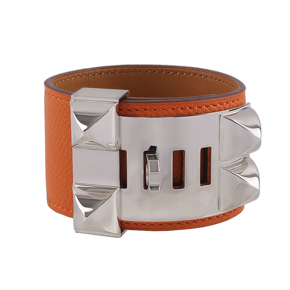 【HERMES】EPSOM皮 鉚釘銀釦CDC手環 (S)(橘色) HE44000068