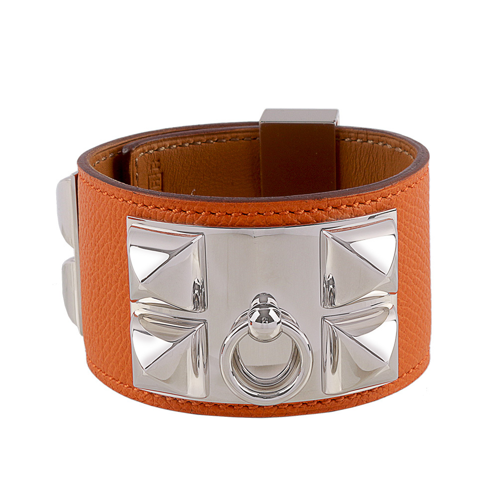 【HERMES】EPSOM皮 鉚釘銀釦CDC手環 (S)(橘色) HE44000068