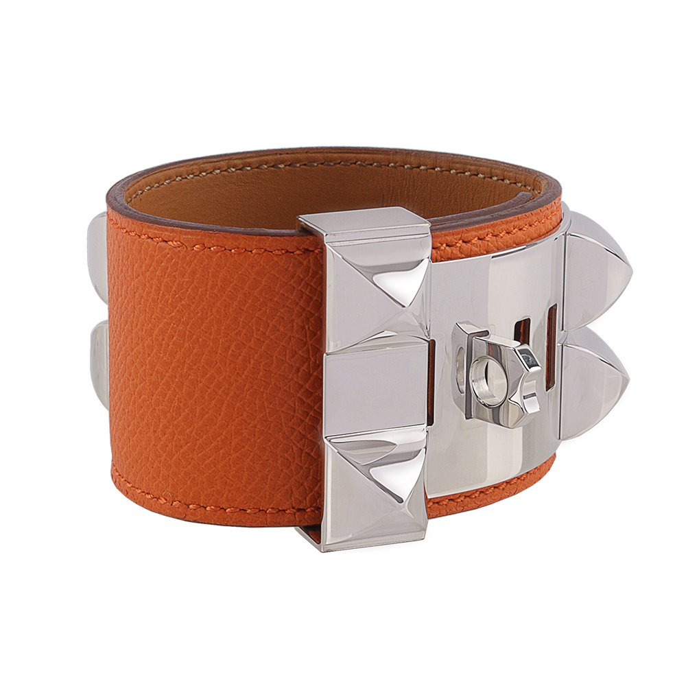 【HERMES】EPSOM皮 鉚釘銀釦CDC手環 (S)(橘色) HE44000068