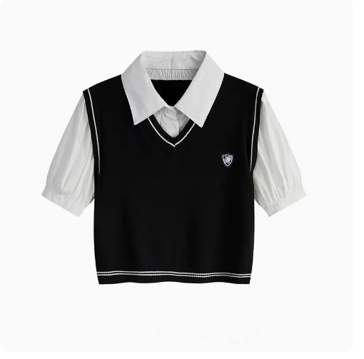 Summer Short Shirt Women's (Black Fake Two Shirt M-One-Size)