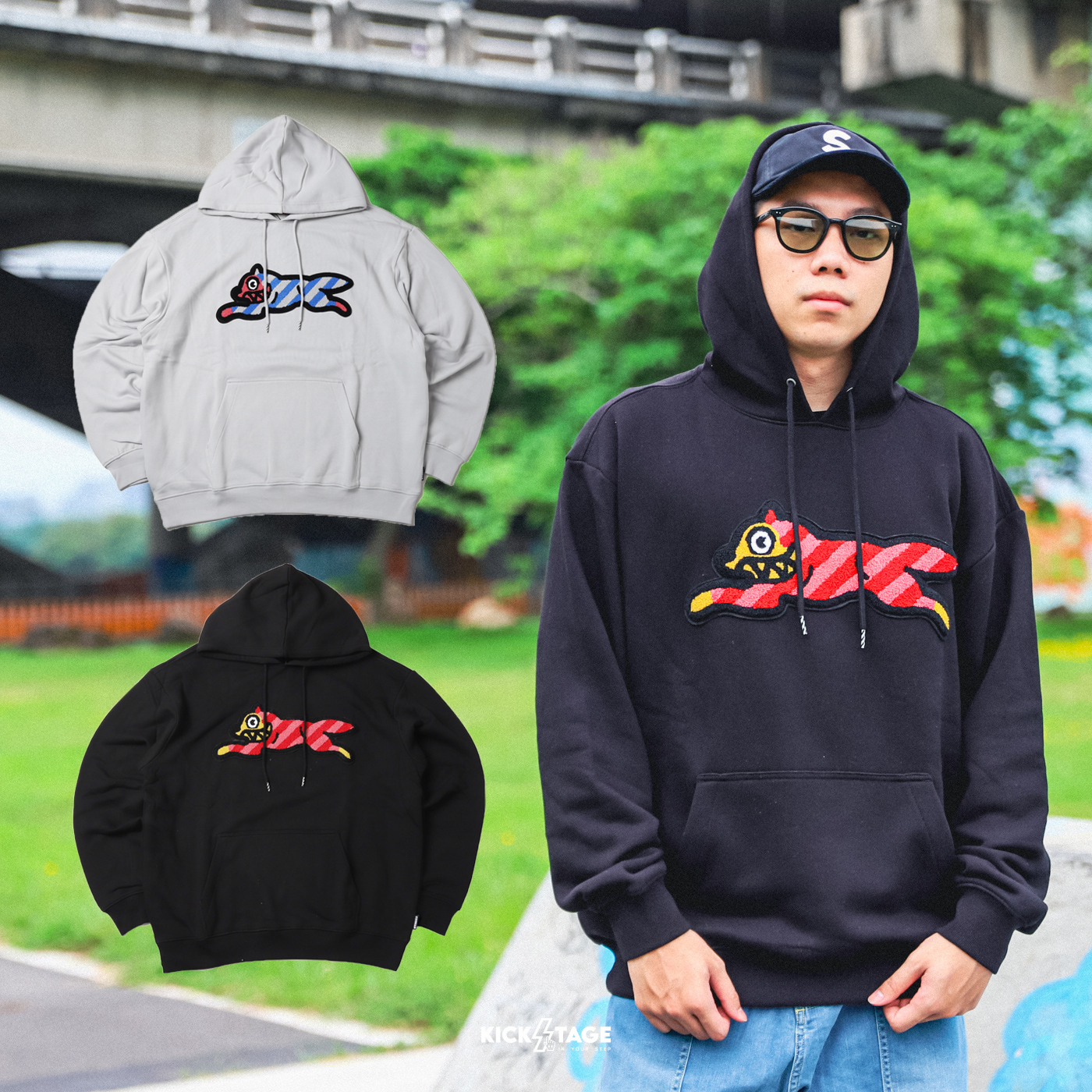 **特價商品售出不退換**BBC ICE CREAM DAWG L/S HOODIE 黑 灰 條紋飛狗 植絨 長袖 帽T【IC441-1304】