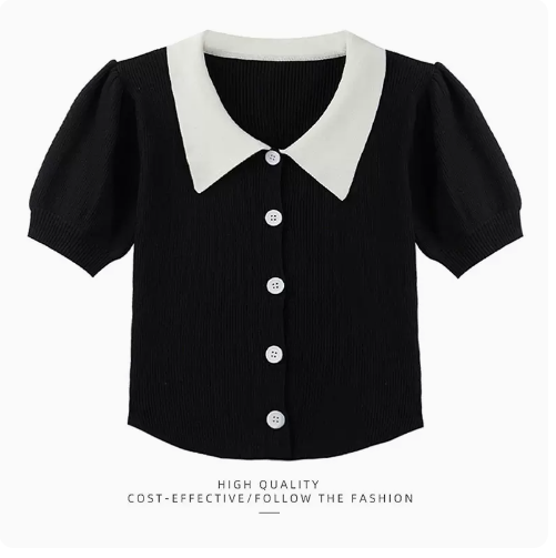 SUMMER CROP SHIRT WOMEN'S (BLACK POLO COLLAR SHIRT) (M-ONE SIZE)