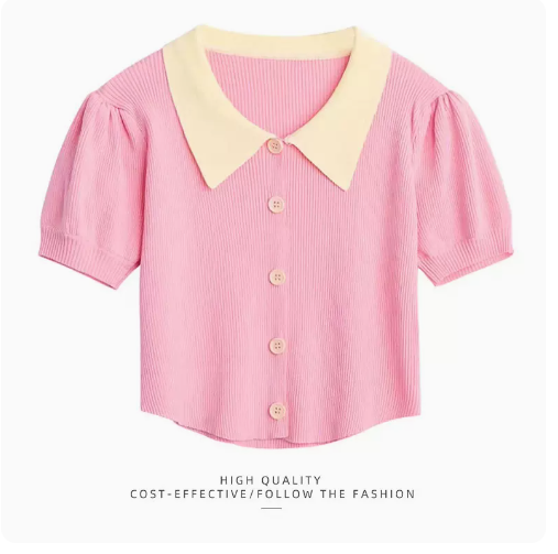 SUMMER CROPPED SHIRT WOMEN'S (PINK POLO COLLAR SHIRT) (M-SIZE)