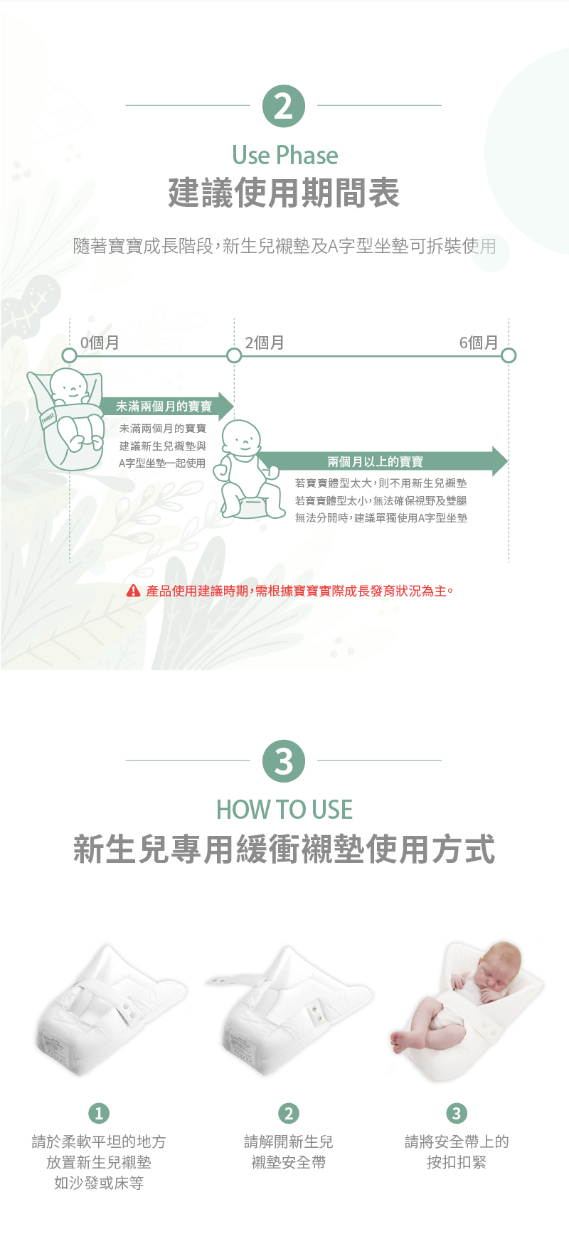 新生嬰兒緩衝襯墊組建議使用時間表,未滿兩個月的寶寶建議與A字坐墊一起使用,兩個月以上寶寶建議單獨使用A字坐墊