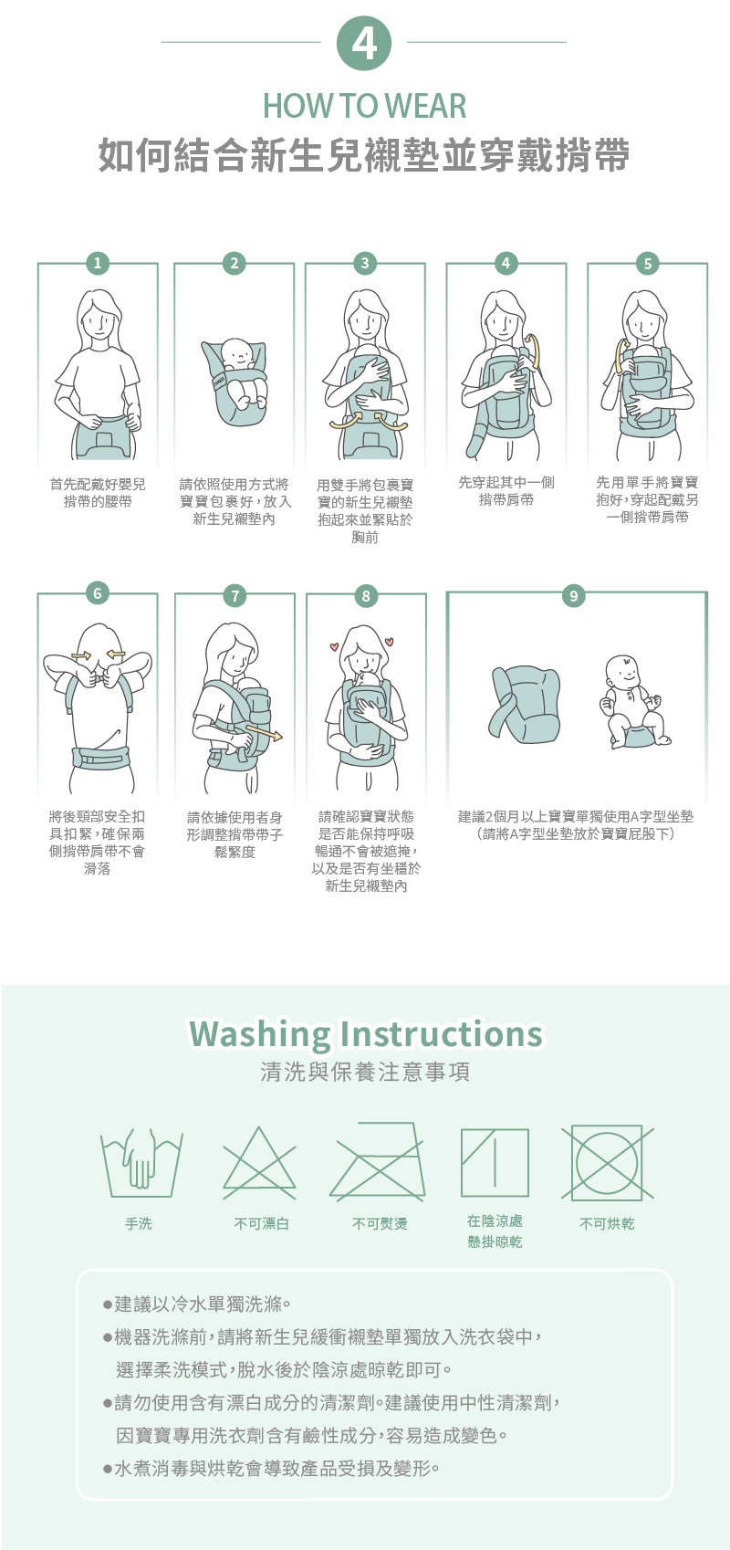 如何結合新生兒襯墊並穿戴揹帶,步驟教學