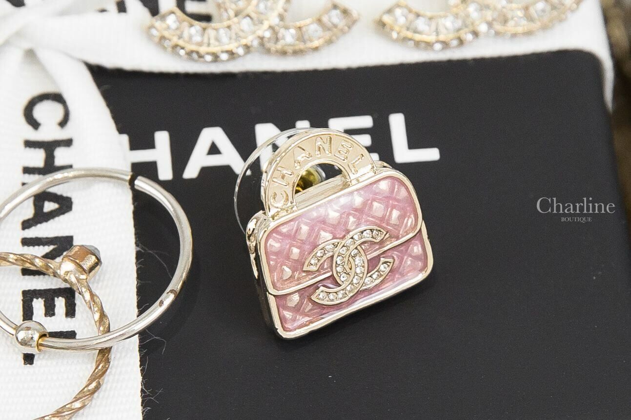 Chanel Earrings 金色水鑽雙CC字母粉色手提包包耳環
