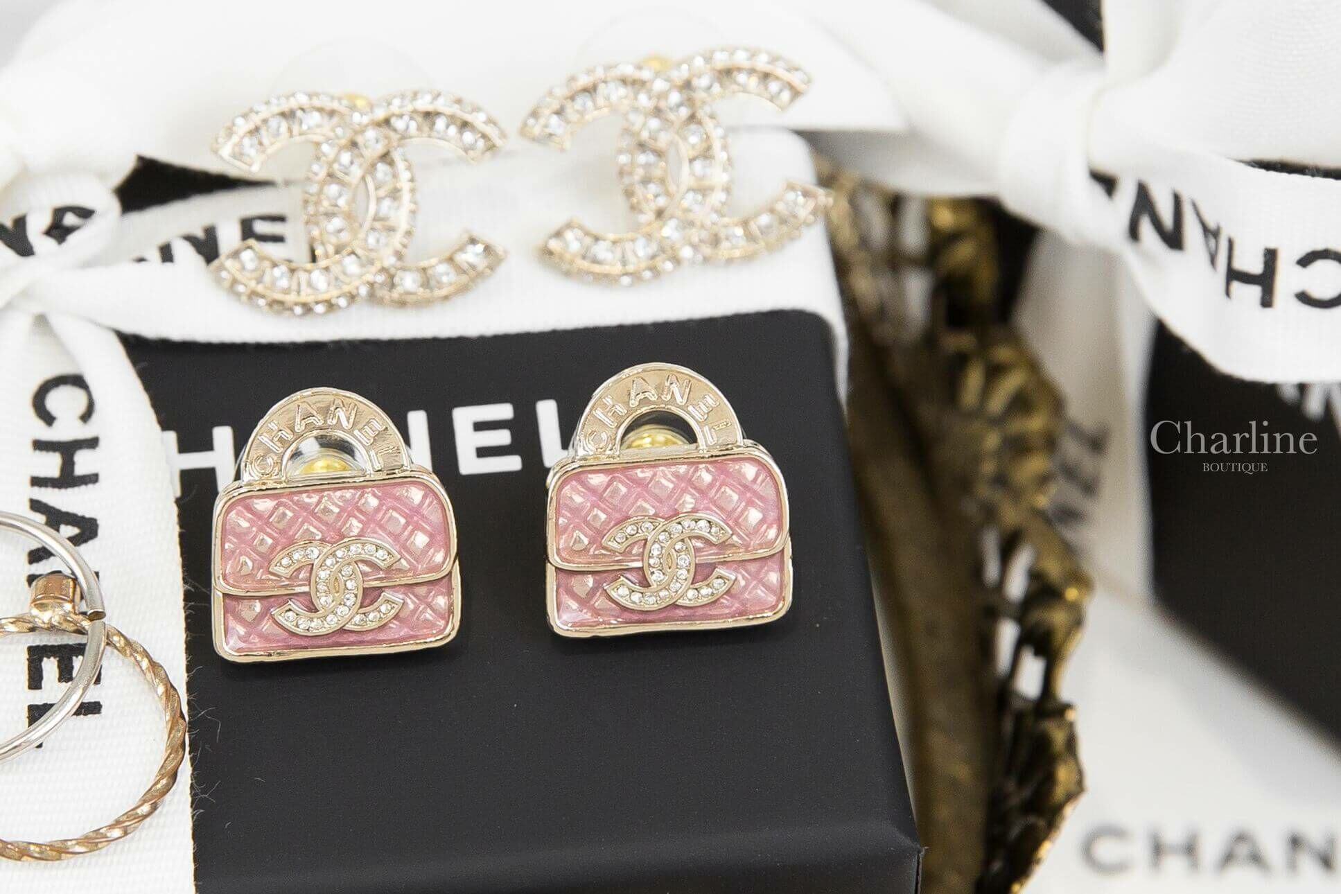 Chanel Earrings 金色水鑽雙CC字母粉色手提包包耳環