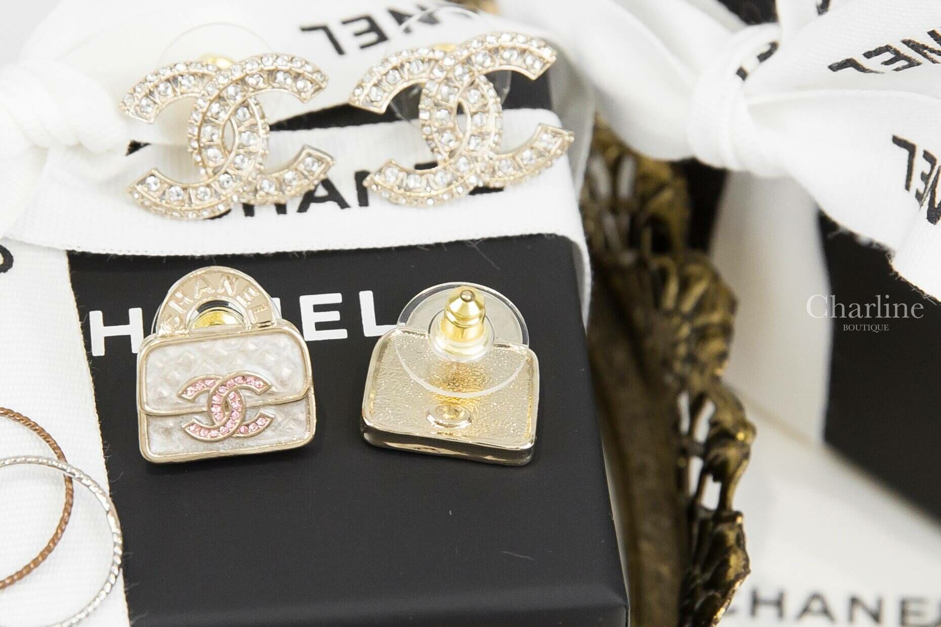 Chanel Earrings 粉色水鑽雙CC字母白色手提包包耳環-Charline Boutique 精品代購