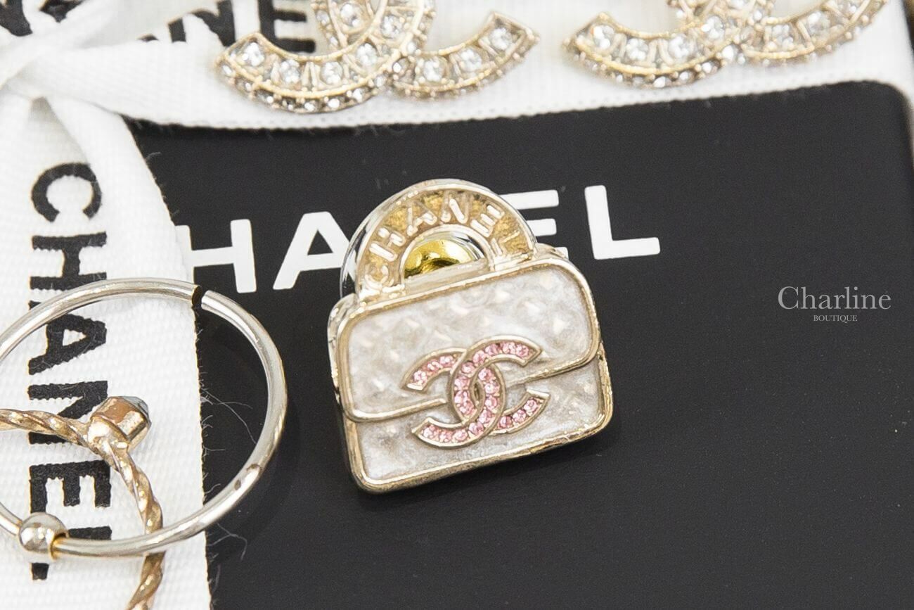 Chanel Earrings 粉色水鑽雙CC字母白色手提包包耳環