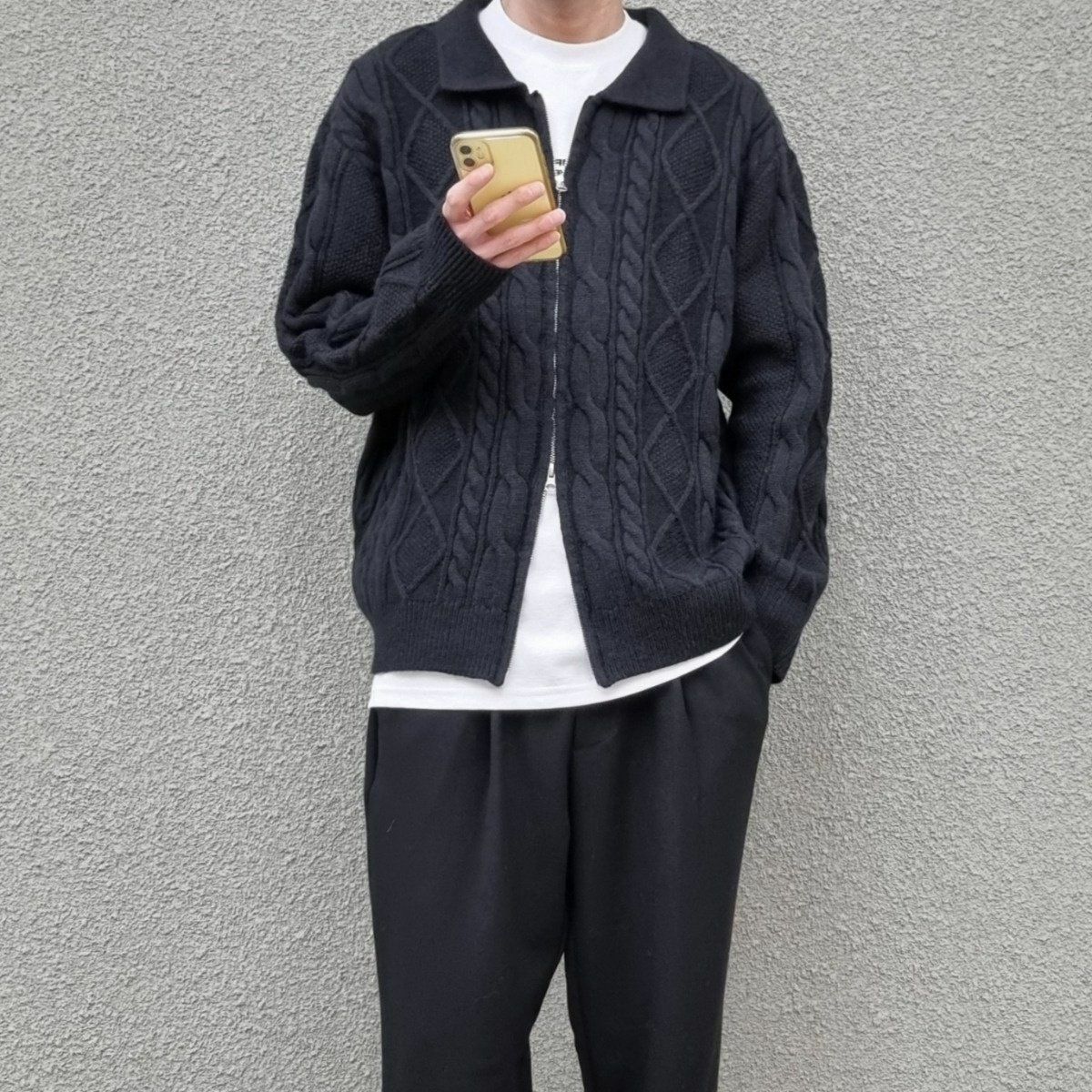 淨色反領暗紋拉鍊針織外套 And Liberty-011JK