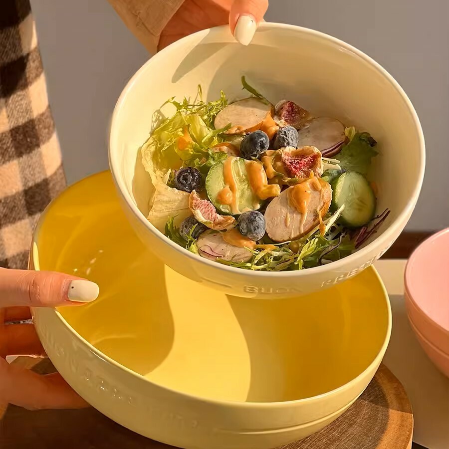 《4082》繽紛奶油色浮雕字母沙拉陶瓷碗