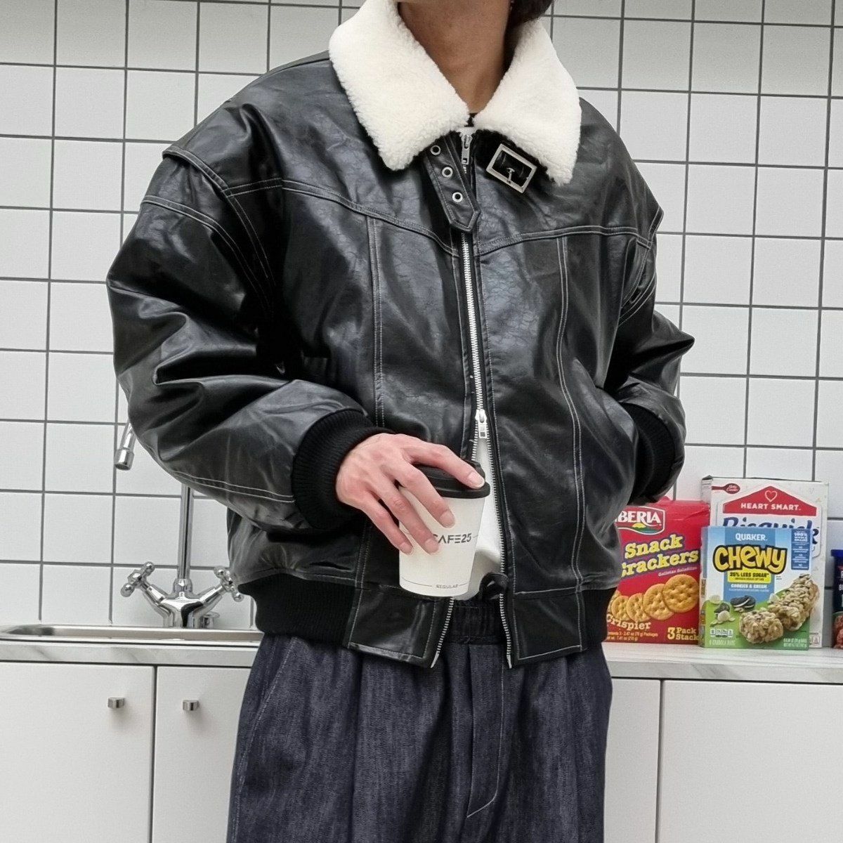 毛毛領拉鍊合成皮褸 And Liberty-019JK