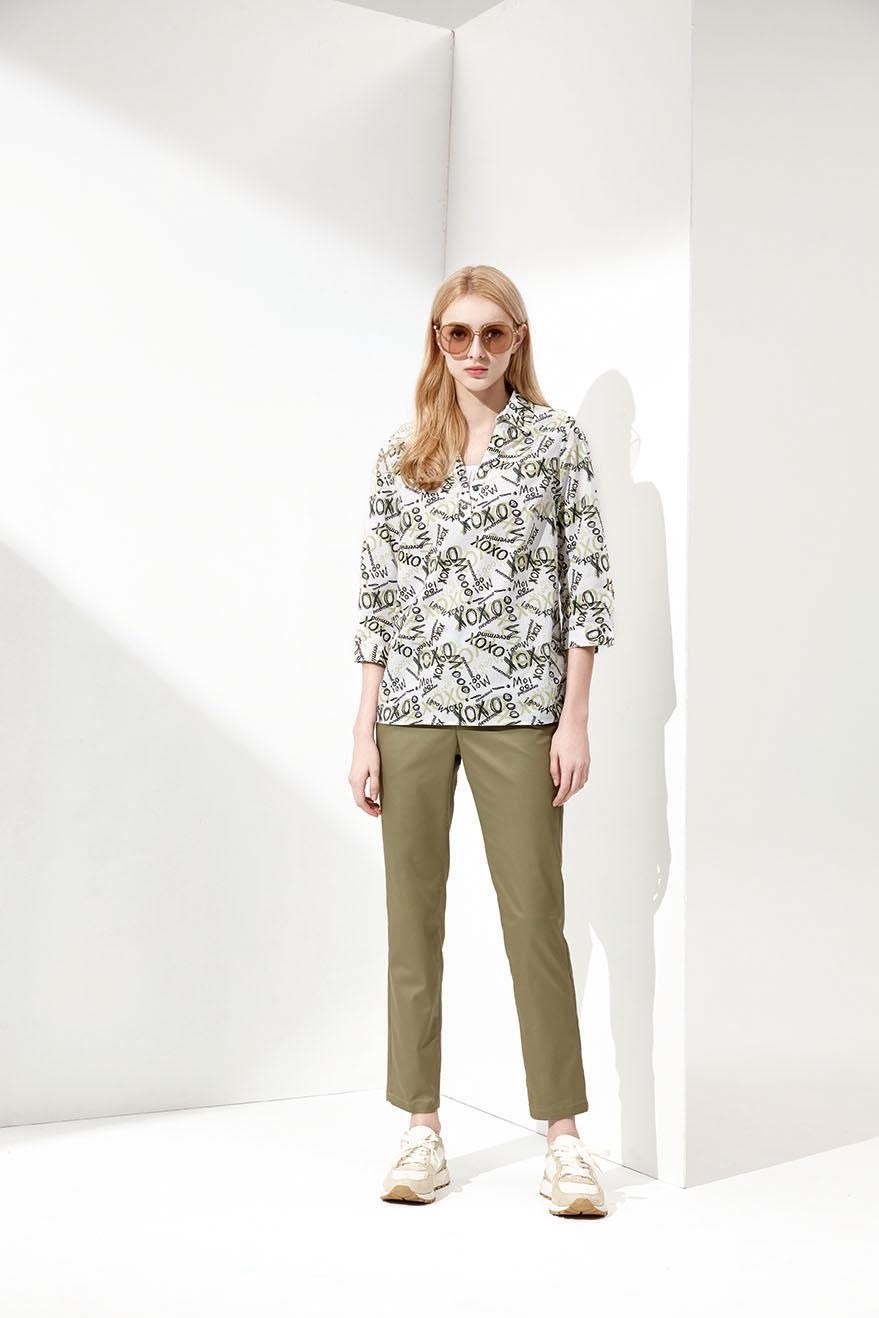 時尚字母印花假兩件設計七分袖修身上衣U6061