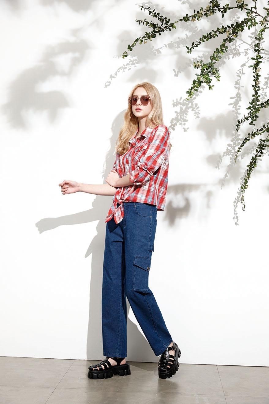 經典格子襯衫外套式綁結造型設計修身上衣U6071