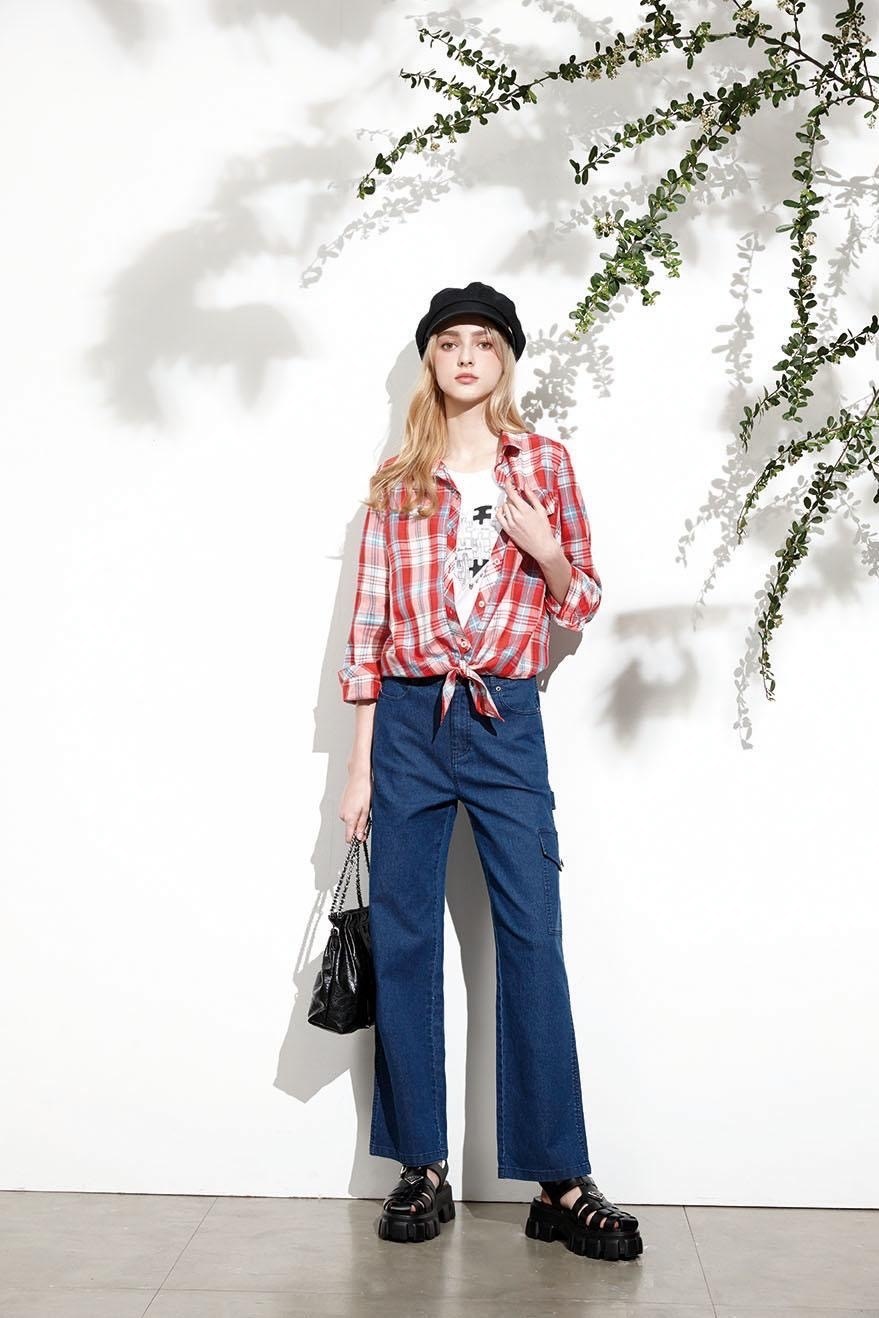 經典格子襯衫外套式綁結造型設計修身上衣U6071