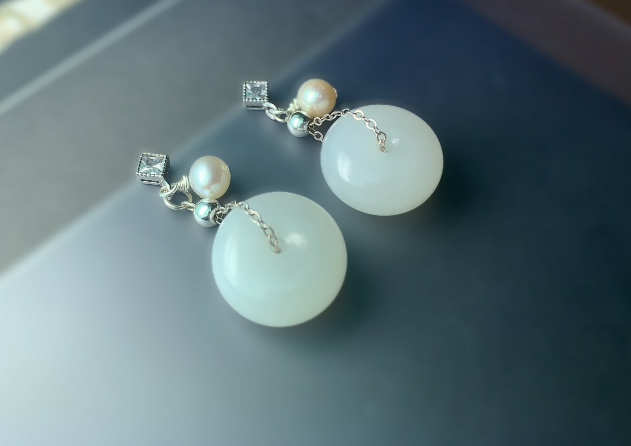 和田白玉平安扣耳環丨平平安安