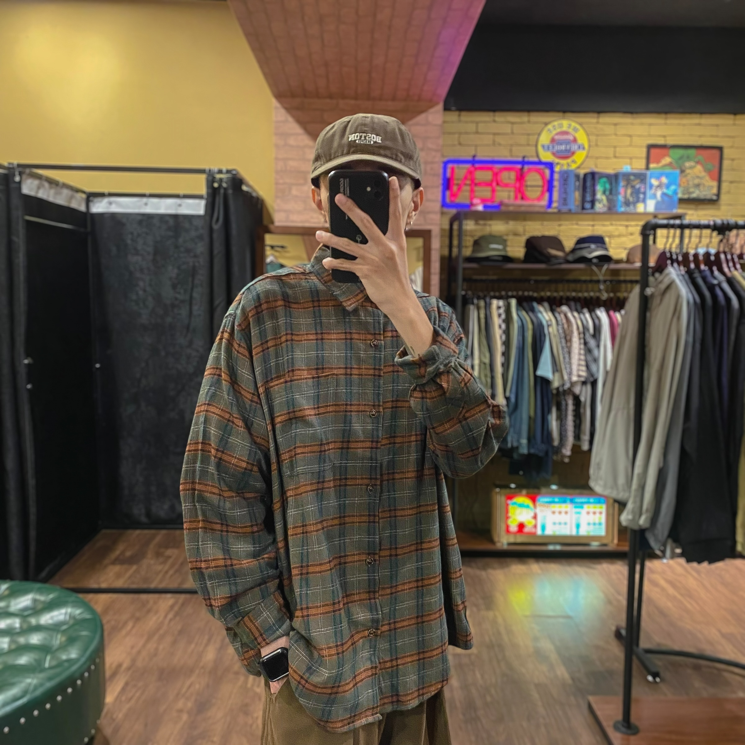 復古寬鬆休閒格紋襯衫