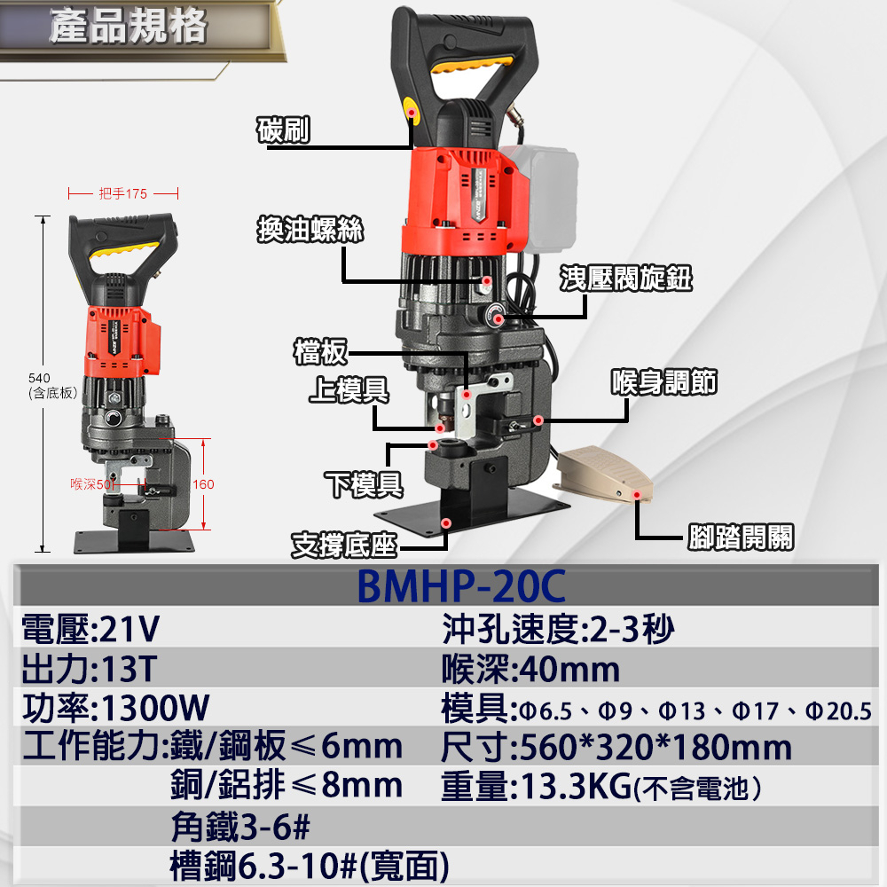 附發票｜芯片款 BMHP20C｜鋰電槽鋼沖孔機 手提充電式打孔機液壓沖孔機槽鋼款可沖各類角鐵角鋼沖孔機