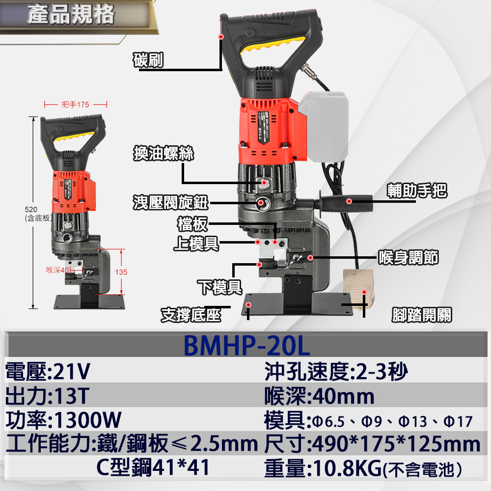 附發票｜BMHP-20L鋰電角鐵光伏沖孔機｜光伏支架電動液壓沖孔機 角鋼打孔器 手提充電式打孔機