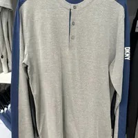 [S] DKNY BUTTON FRONT ROUND NECK LINEN TOP LONG SLEEVE,GREY/BLUE, M1460219-GBE [FINAL SALE] (SD926)