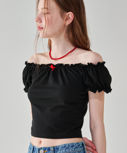 RONRON ROSE RIBBON FRILL OFF SHOULDER T SHIRT