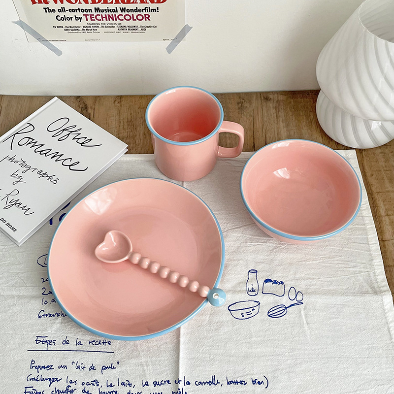 《4088》復古可愛粉藍雙拼色陶瓷碗盤組