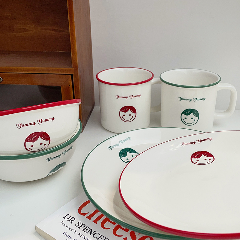 《4090》情侶兩色小插畫陶瓷碗盤杯組
