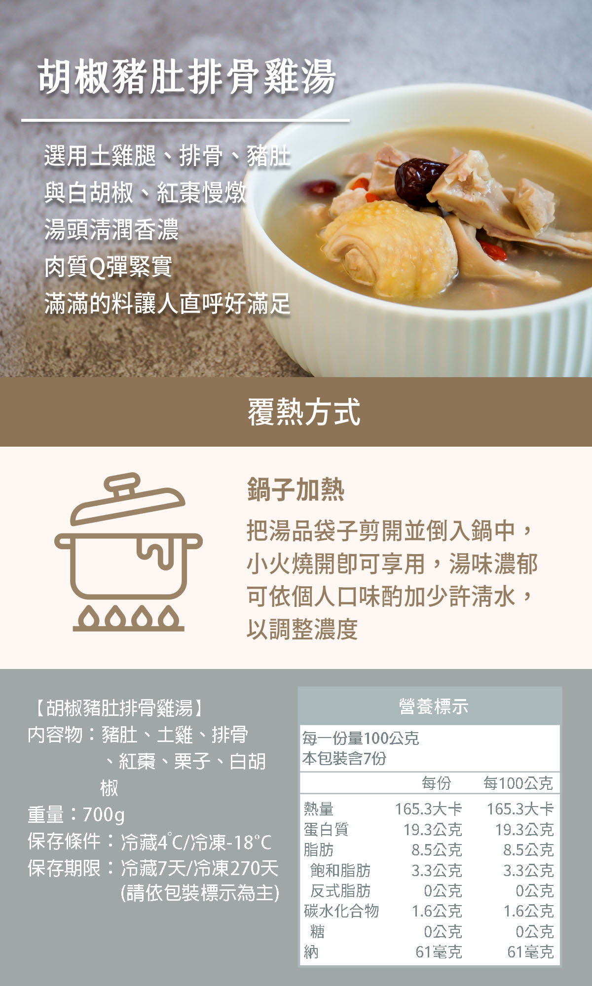 森菓宅食 胡椒豬肚排骨雞湯｜採用豬小排、豬肚、雞腿與特級白胡椒慢燉，搭配紅棗枸杞，濃郁甘香覆熱即食