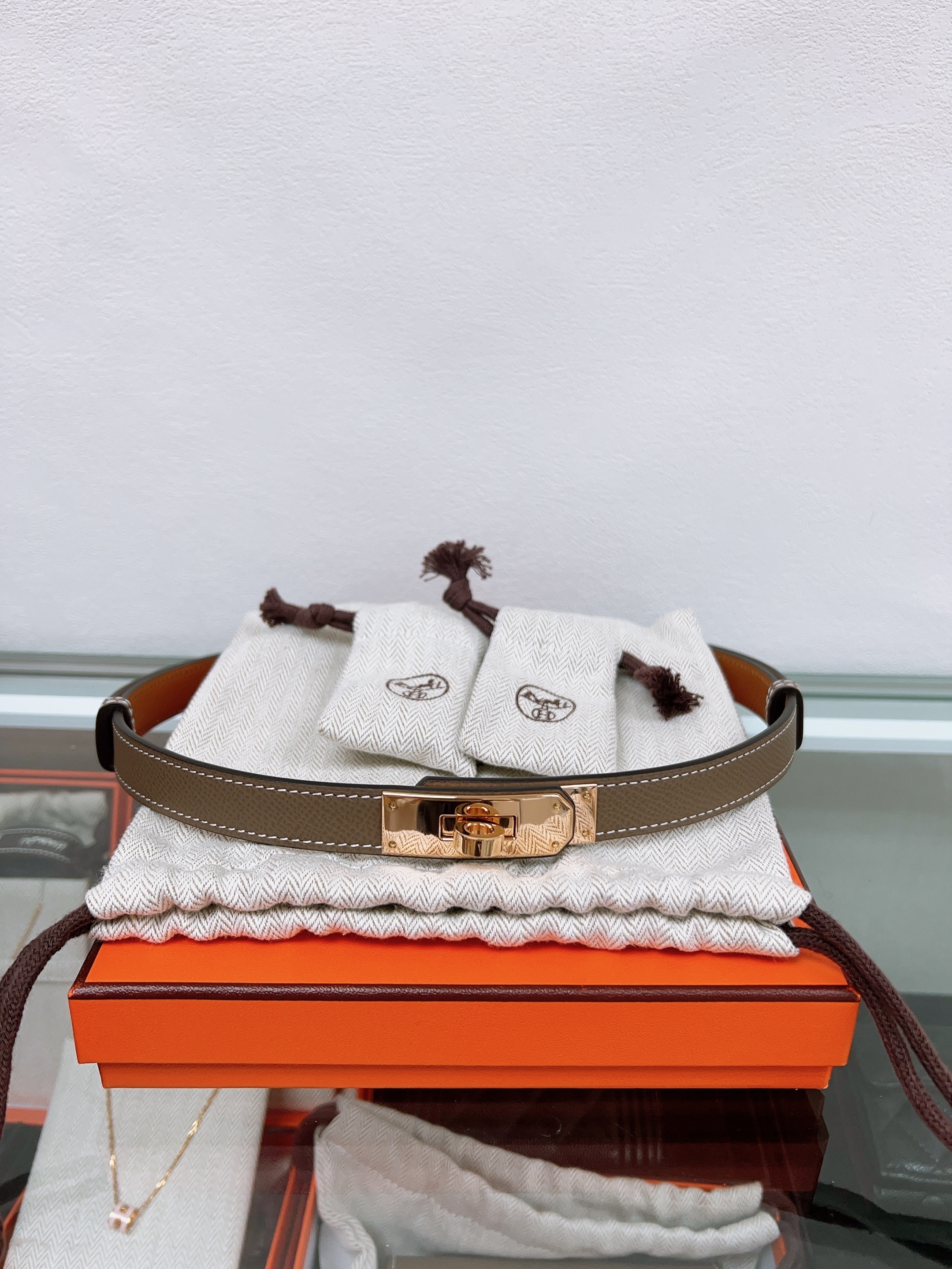 Hermes 18 kelly belt/ stamp U/ etoupe RGHW