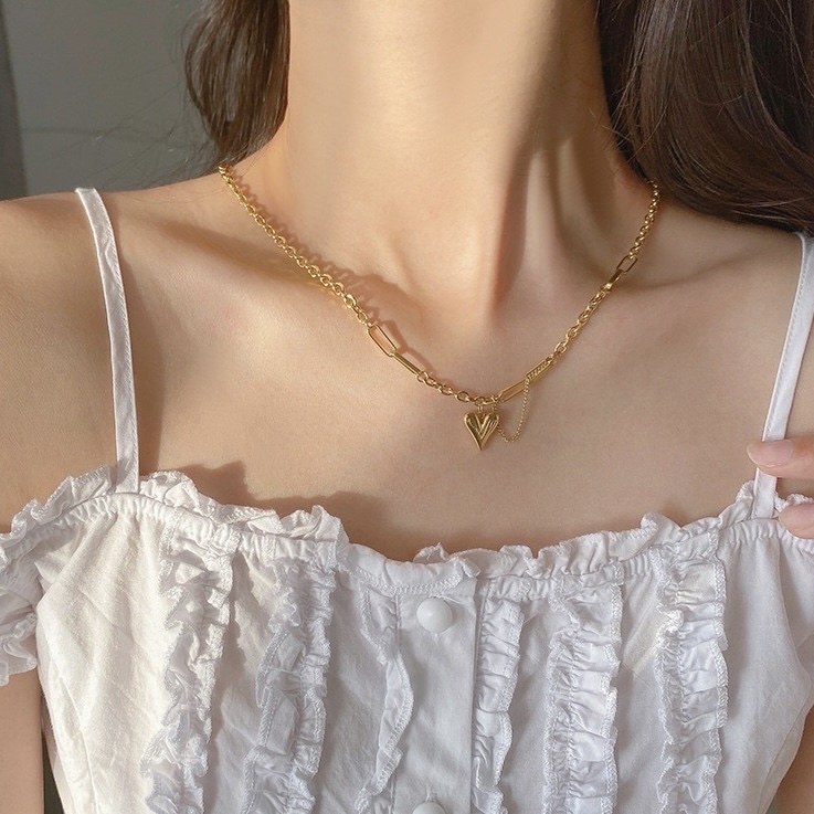 時髦掛鍊愛心層次設計 鈦鋼項鍊