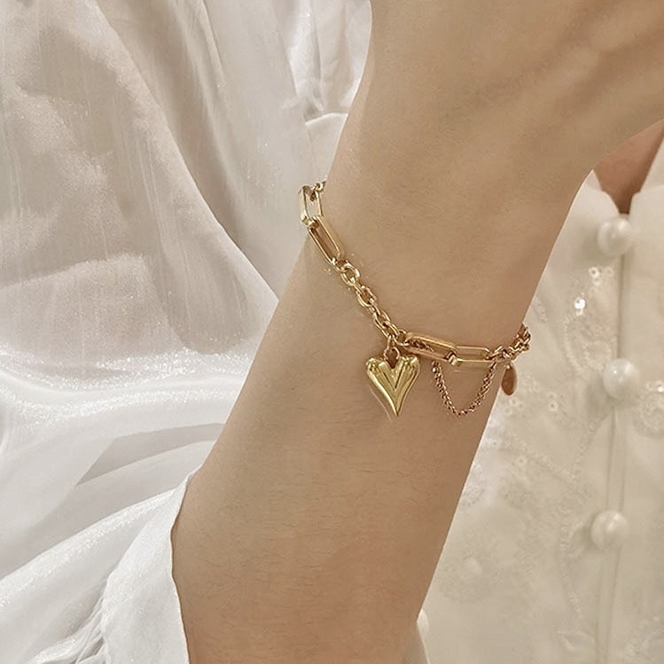 時髦掛鍊金愛心層次設計 鈦鋼手鍊