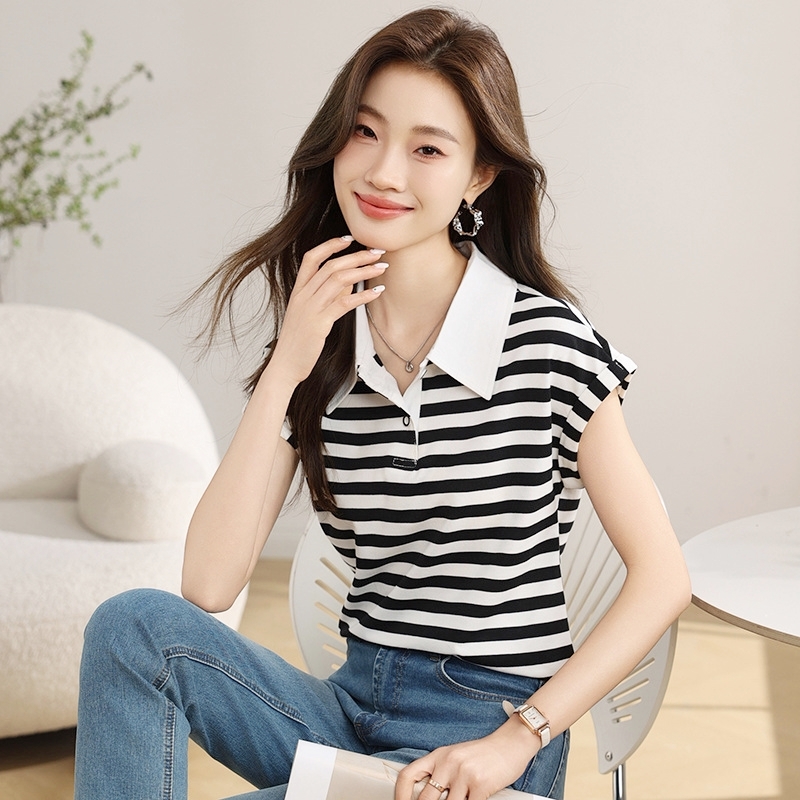 配色翻領條紋上衣 條紋