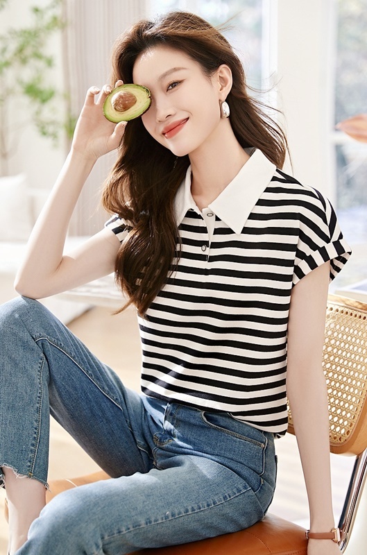 配色翻領條紋上衣 條紋