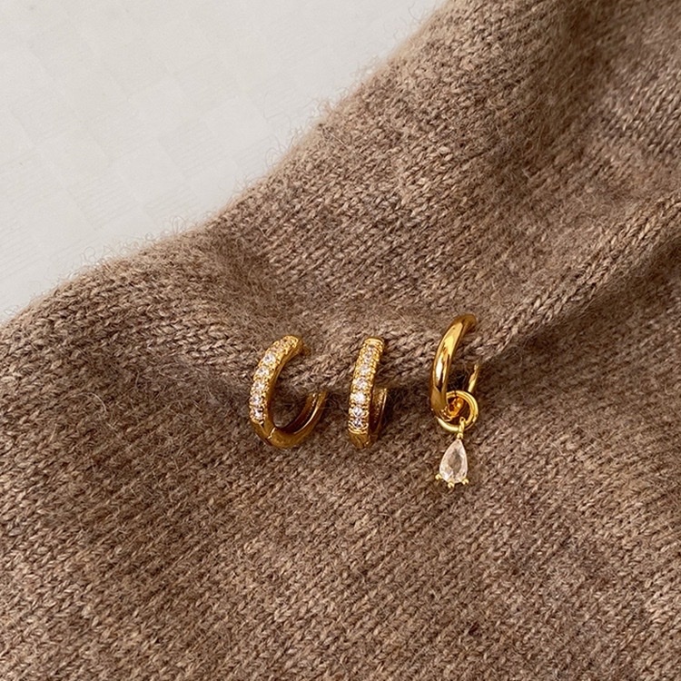 gold日常精緻水滴鑽/鋯石耳釦釘三件set