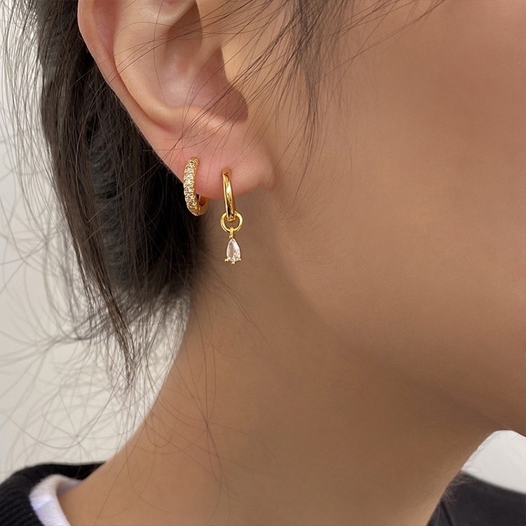 gold日常精緻水滴鑽/鋯石耳釦釘三件set