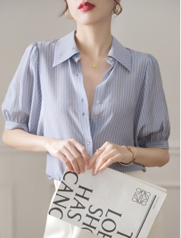 細條五分袖雪紡襯衫 藍色