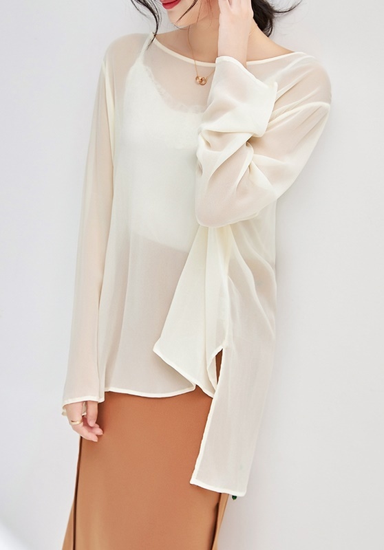 圓領透膚喬其紗罩衫上衣 兩色