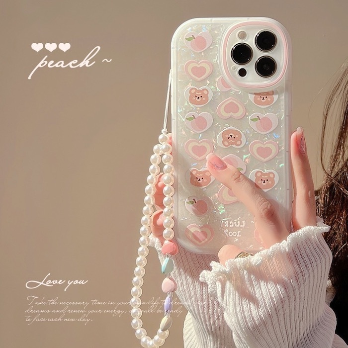 《42839》peach桃子愛心熊iphone手機殼(含珠鍊)