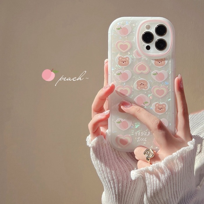 《42839》peach桃子愛心熊iphone手機殼(含珠鍊)
