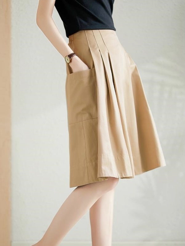 打褶口袋膝上裙 三色