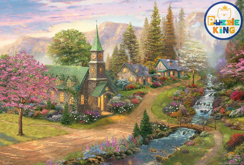 波光粼粼的春天和河濱教堂 (畫布紋理)