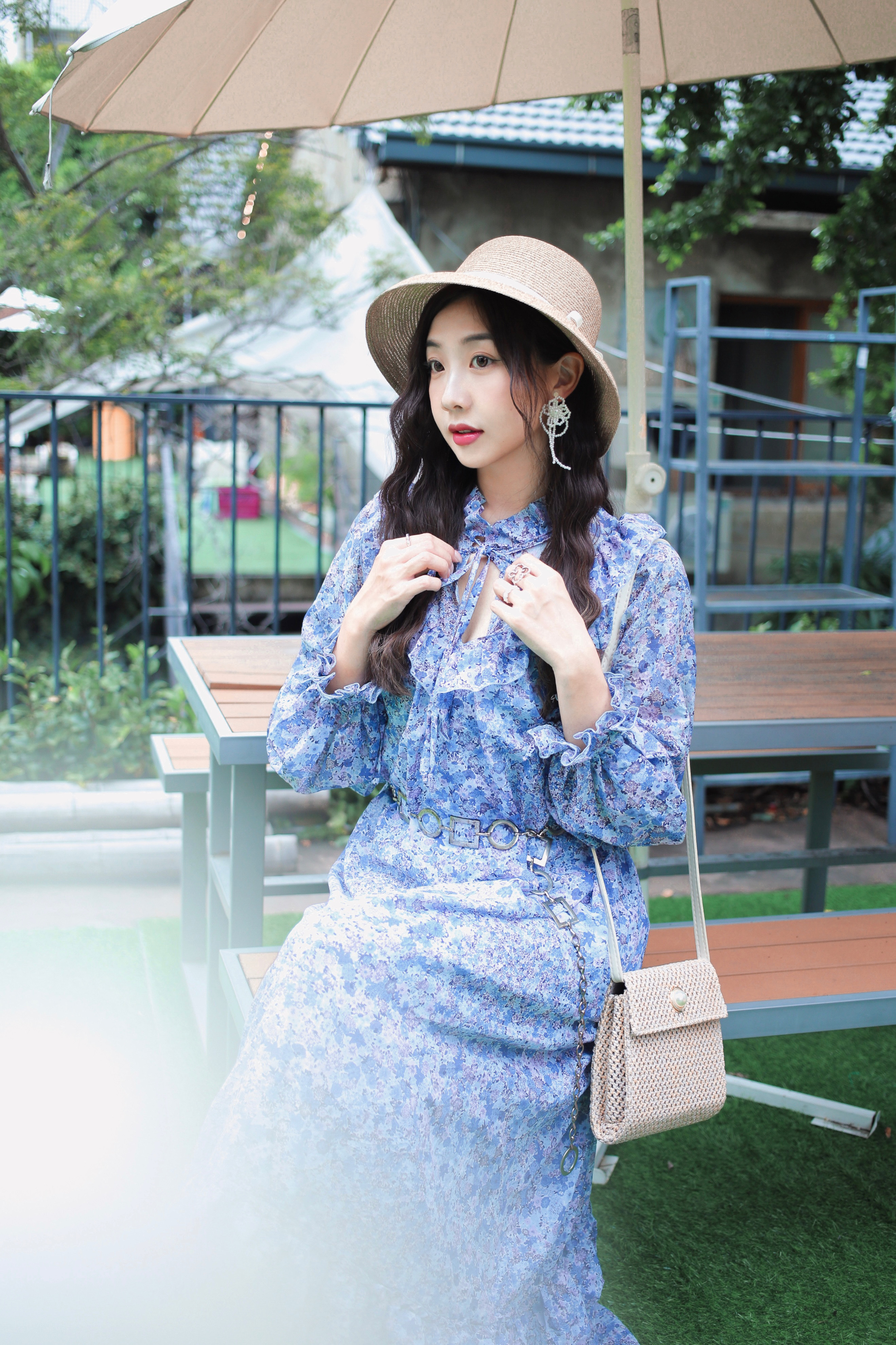 Vintage Dress/古著藍色水彩感花卉洋裝