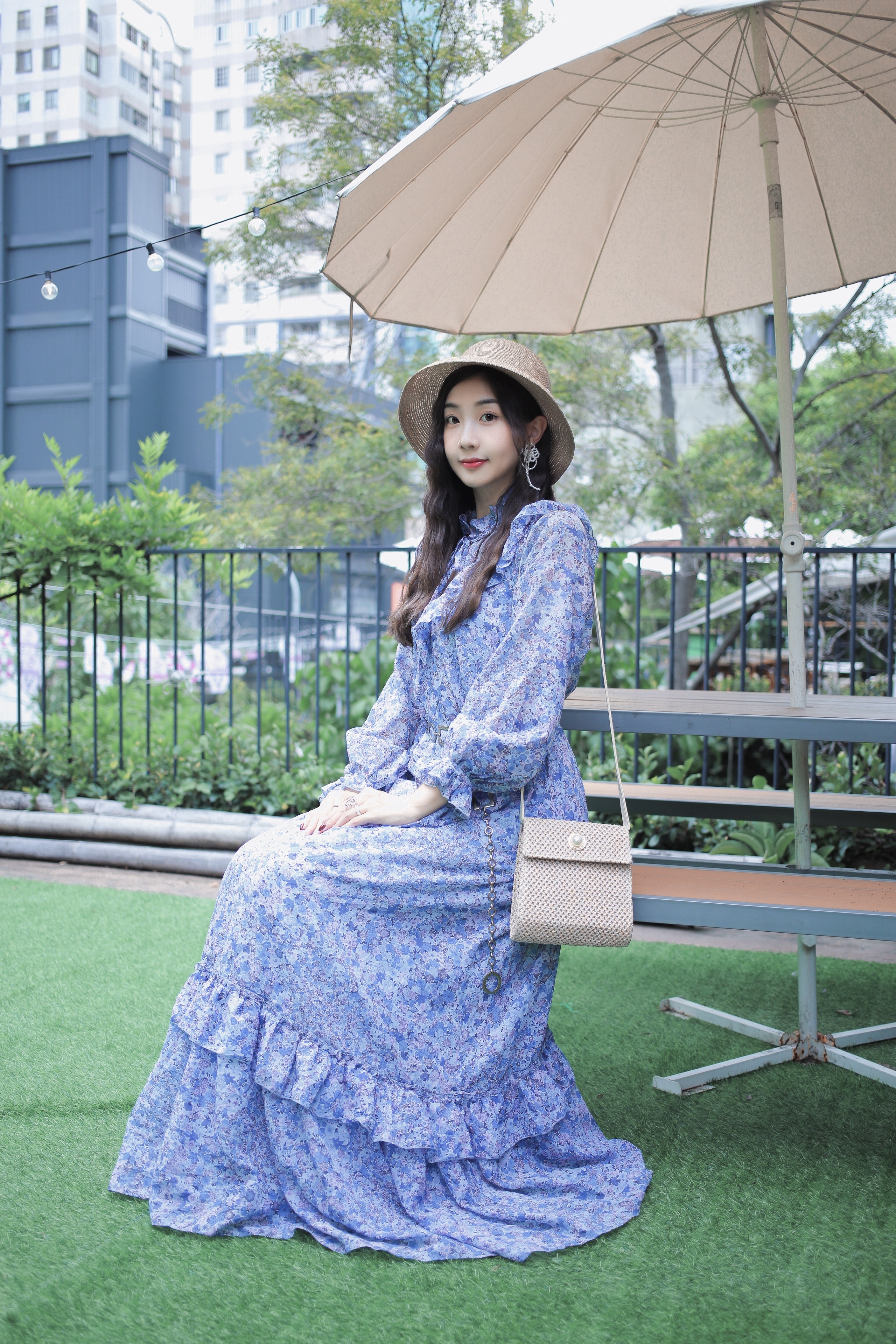 Vintage Dress/古著藍色水彩感花卉洋裝